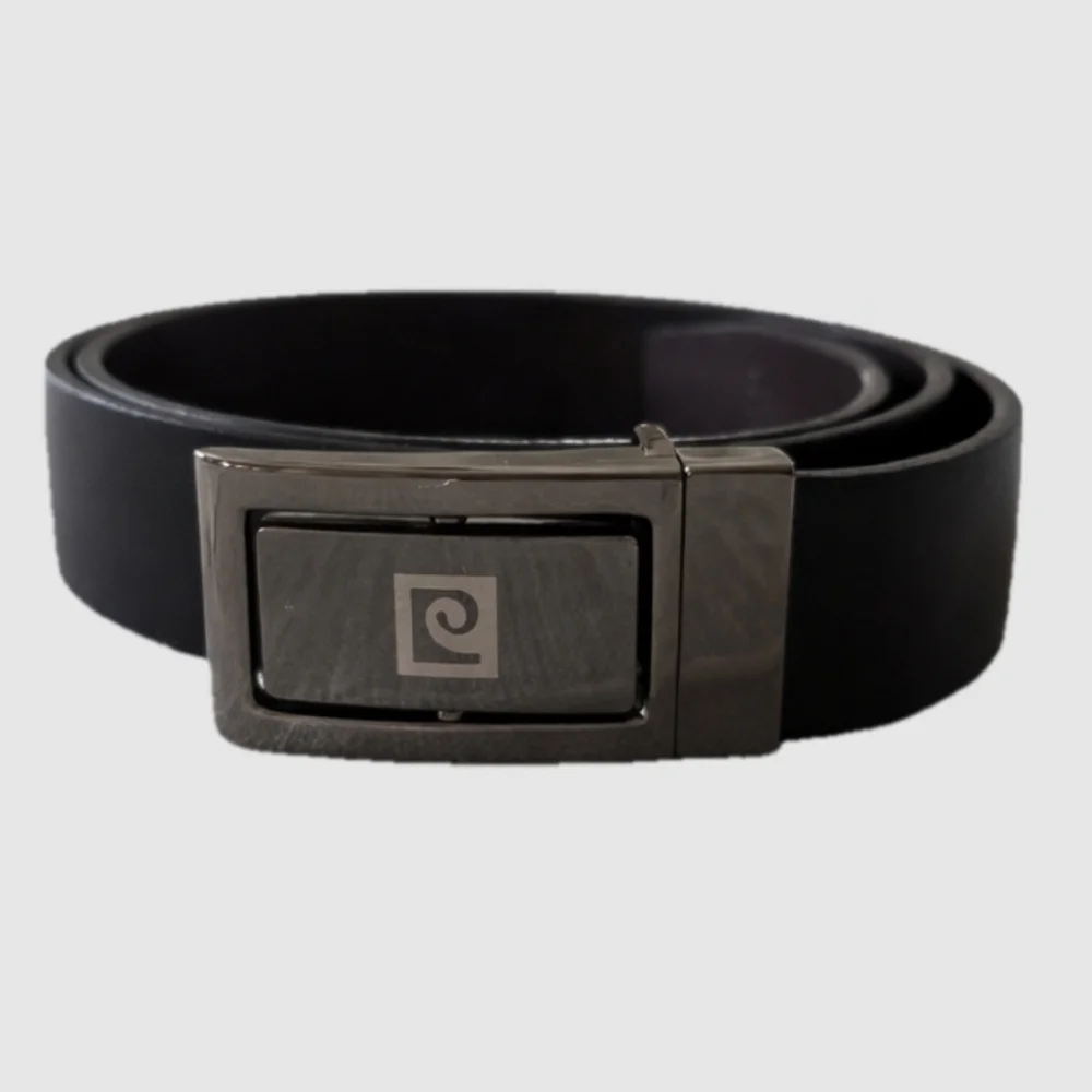 Pierre Cardin Reversible Belt Black Leather Flip Buckle Silver Gunmetal Size 38